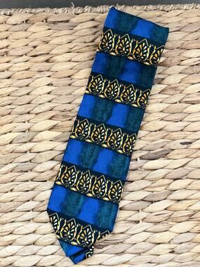 Vintage Fratelli Moda 100% Silk Handmade Italy Blue Gold Necktie 1980s 1990s